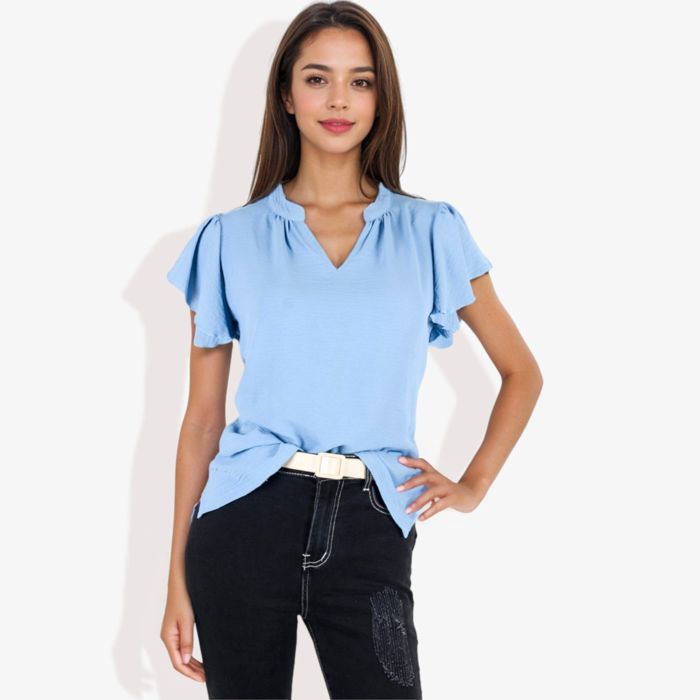 Women's Short Sleeve Ruffle Hem V-Neck Blouse Lightweight and Comfortable Casual Top