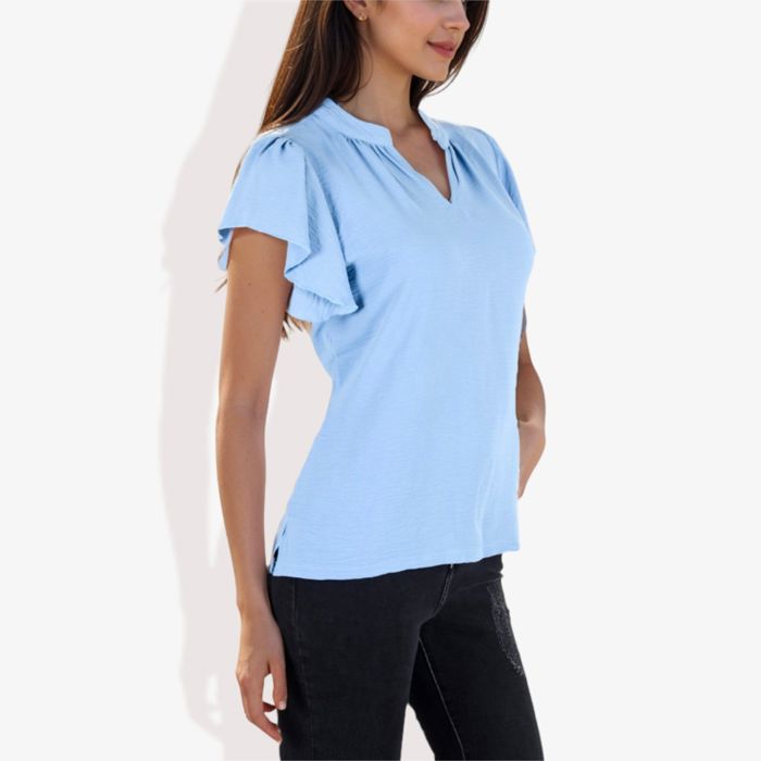 Women's Short Sleeve Ruffle Hem V-Neck Blouse Lightweight and Comfortable Casual Top