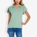 Green Large Women's Short Sleeve Ruffle Hem V-Neck Blouse Lightweight and Comfortable Casual Top