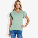 Green Large Women's Short Sleeve Ruffle Hem V-Neck Blouse Lightweight and Comfortable Casual Top