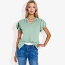 Green Small Women's Short Sleeve Ruffle Hem V-Neck Blouse Lightweight and Comfortable Casual Top