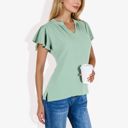 Green Small Women's Short Sleeve Ruffle Hem V-Neck Blouse Lightweight and Comfortable Casual Top