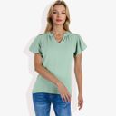 Green Small Women's Short Sleeve Ruffle Hem V-Neck Blouse Lightweight and Comfortable Casual Top