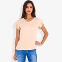 Beige Large Women's Short Sleeve Ruffle V-Neck Blouse Lightweight Comfortable Casual Top