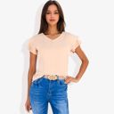 Beige Large Women's Short Sleeve Ruffle V-Neck Blouse Lightweight Comfortable Casual Top