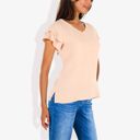 Beige Large Women's Short Sleeve Ruffle V-Neck Blouse Lightweight Comfortable Casual Top