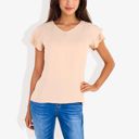Beige Medium Women's Short Sleeve Ruffle V-Neck Blouse Lightweight Comfortable Casual Top