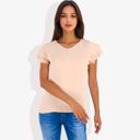 Beige XL Women's Short Sleeve Ruffle V-Neck Blouse Lightweight Comfortable Casual Top