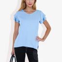 Blue XL Women's Short Sleeve Ruffle V-Neck Blouse Lightweight Comfortable Casual Top