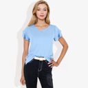 Blue XL Women's Short Sleeve Ruffle V-Neck Blouse Lightweight Comfortable Casual Top