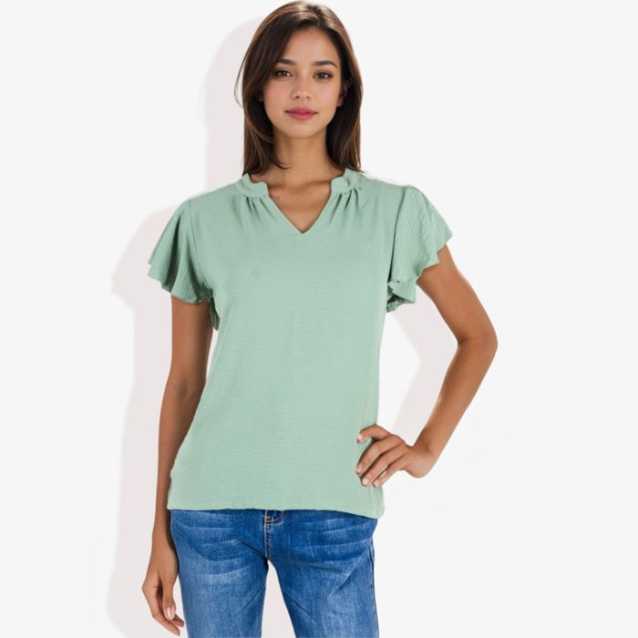 Women's Short Sleeve Ruffle V-Neck Blouse Lightweight Comfortable Casual Top
