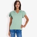 Green Medium Women's Short Sleeve Ruffle V-Neck Blouse Lightweight Comfortable Casual Top