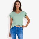 Green Medium Women's Short Sleeve Ruffle V-Neck Blouse Lightweight Comfortable Casual Top