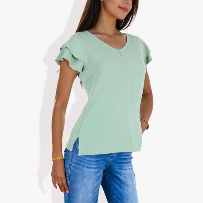 Women's Short Sleeve Ruffle V-Neck Blouse Lightweight Comfortable Casual Top
