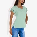 Green XL Women's Short Sleeve Ruffle V-Neck Blouse Lightweight Comfortable Casual Top