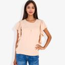 Beige Medium Women's Ruffled Sleeve Round Neck Blouse Elegant Flowy Casual Top