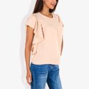Beige Medium Women's Ruffled Sleeve Round Neck Blouse Elegant Flowy Casual Top