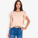 Beige Small Women's Ruffled Sleeve Round Neck Blouse Elegant Flowy Casual Top