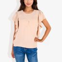 Beige Small Women's Ruffled Sleeve Round Neck Blouse Elegant Flowy Casual Top