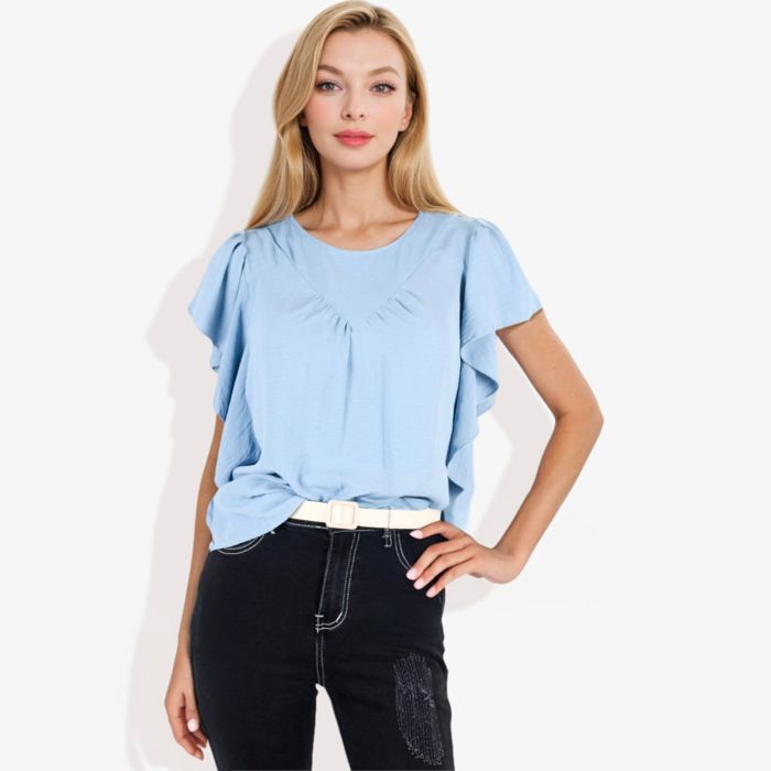 Women's Ruffled Sleeve Round Neck Blouse Elegant Flowy Casual Top