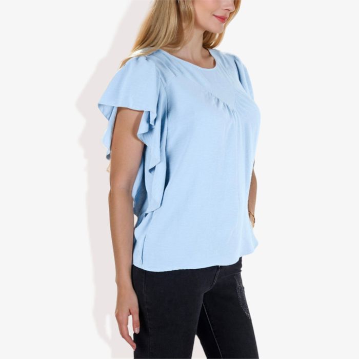 Women's Ruffled Sleeve Round Neck Blouse Elegant Flowy Casual Top