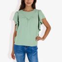 Green Large Women's Ruffled Sleeve Round Neck Blouse Elegant Flowy Casual Top