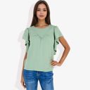 Green Large Women's Ruffled Sleeve Round Neck Blouse Elegant Flowy Casual Top