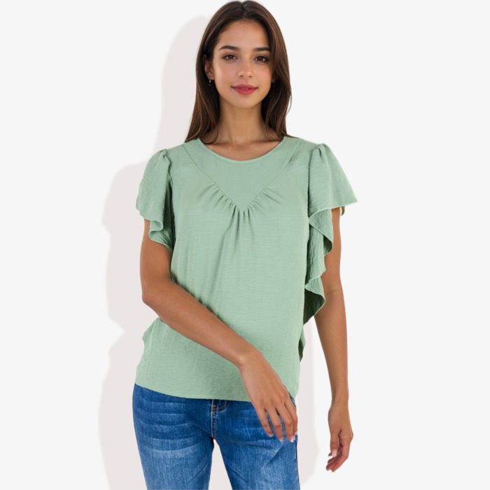 Women's Ruffled Sleeve Round Neck Blouse Elegant Flowy Casual Top