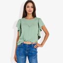 Green Medium Women's Ruffled Sleeve Round Neck Blouse Elegant Flowy Casual Top