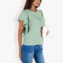 Green Small Women's Ruffled Sleeve Round Neck Blouse Elegant Flowy Casual Top