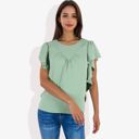 Green Small Women's Ruffled Sleeve Round Neck Blouse Elegant Flowy Casual Top
