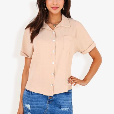 Women's Short Sleeve Button Down Shirt With Front Pocket And Notched Collar