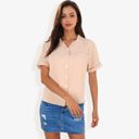 Beige Large Women's Short Sleeve Button Down Shirt With Front Pocket And Notched Collar