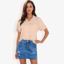 Beige Large Women's Short Sleeve Button Down Shirt With Front Pocket And Notched Collar