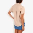 Beige Large Women's Short Sleeve Button Down Shirt With Front Pocket And Notched Collar