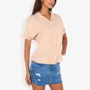 Beige Large Women's Short Sleeve Button Down Shirt With Front Pocket And Notched Collar