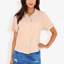 Beige Medium Women's Short Sleeve Button Down Shirt With Front Pocket And Notched Collar