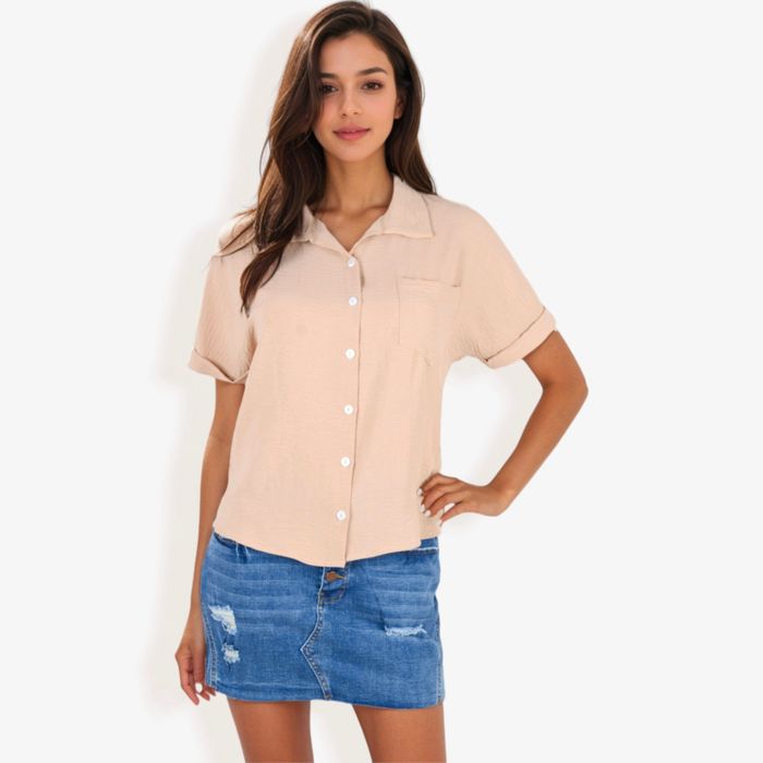 Women's Short Sleeve Button Down Shirt With Front Pocket And Notched Collar