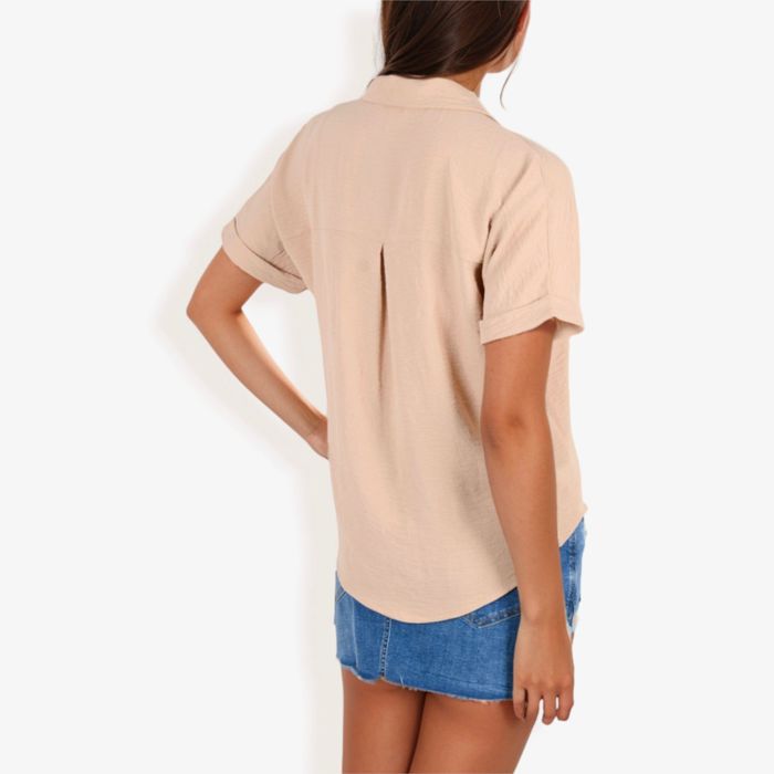 Women's Short Sleeve Button Down Shirt With Front Pocket And Notched Collar