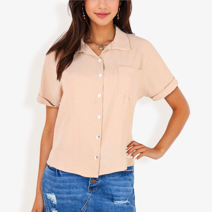 Women's Short Sleeve Button Down Shirt With Front Pocket And Notched Collar