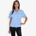 Blue Medium Women's Short Sleeve Button Down Shirt With Front Pocket And Notched Collar