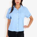 Blue Small Women's Short Sleeve Button Down Shirt With Front Pocket And Notched Collar