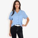Blue Small Women's Short Sleeve Button Down Shirt With Front Pocket And Notched Collar