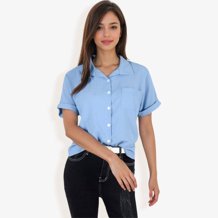 Women's Short Sleeve Button Down Shirt With Front Pocket And Notched Collar