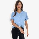 Blue XL Women's Short Sleeve Button Down Shirt With Front Pocket And Notched Collar