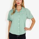 Green Medium Women's Short Sleeve Button Down Shirt With Front Pocket And Notched Collar