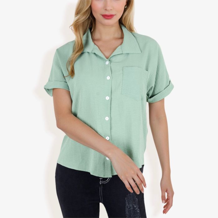 Women's Short Sleeve Button Down Shirt With Front Pocket And Notched Collar