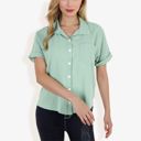Green Medium Women's Short Sleeve Button Down Shirt With Front Pocket And Notched Collar