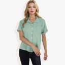Green Medium Women's Short Sleeve Button Down Shirt With Front Pocket And Notched Collar