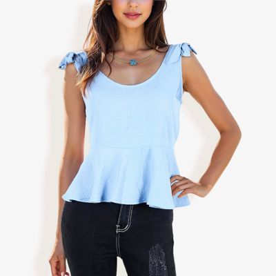 Women's Sleeveless Peplum Top With Tie Shoulder Straps And Scoop Neck